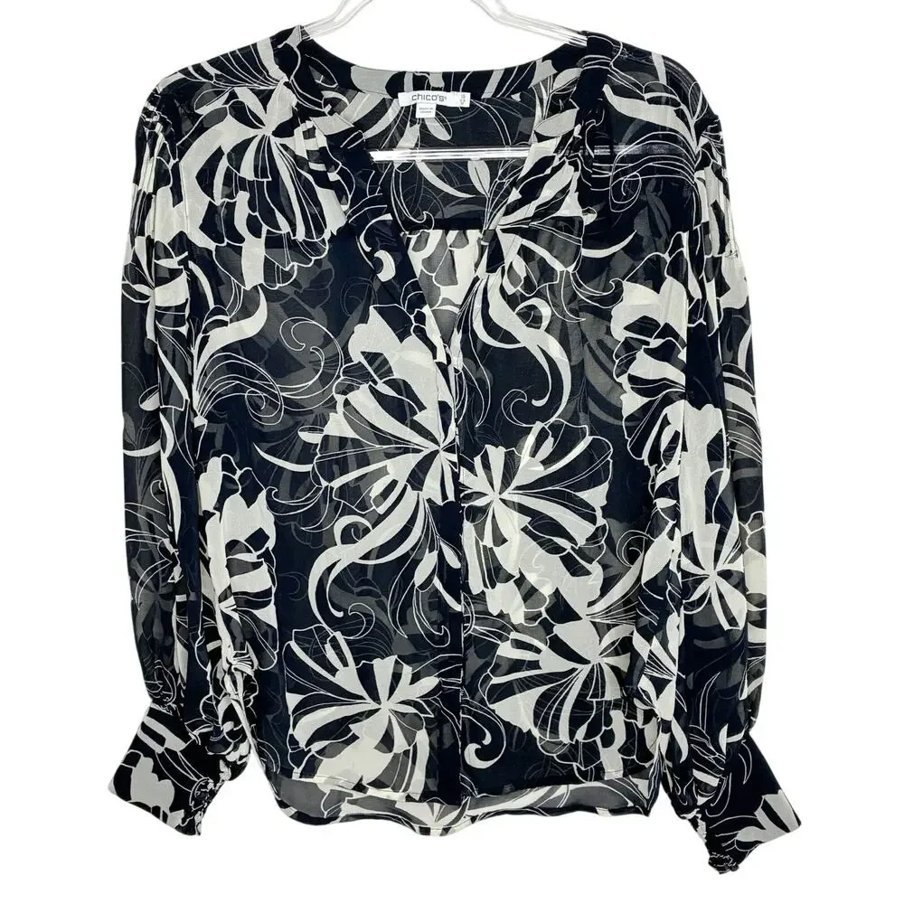 Chico's Navy Blue White Abstract Floral Sheer Button Up Blouse Chicos 1.5/ US M